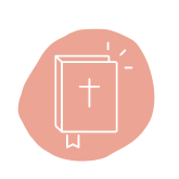 An icon of a white bible on a salmon pink circle