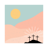 An icon of a sun rising at the top and a three dark crosses at the bottom