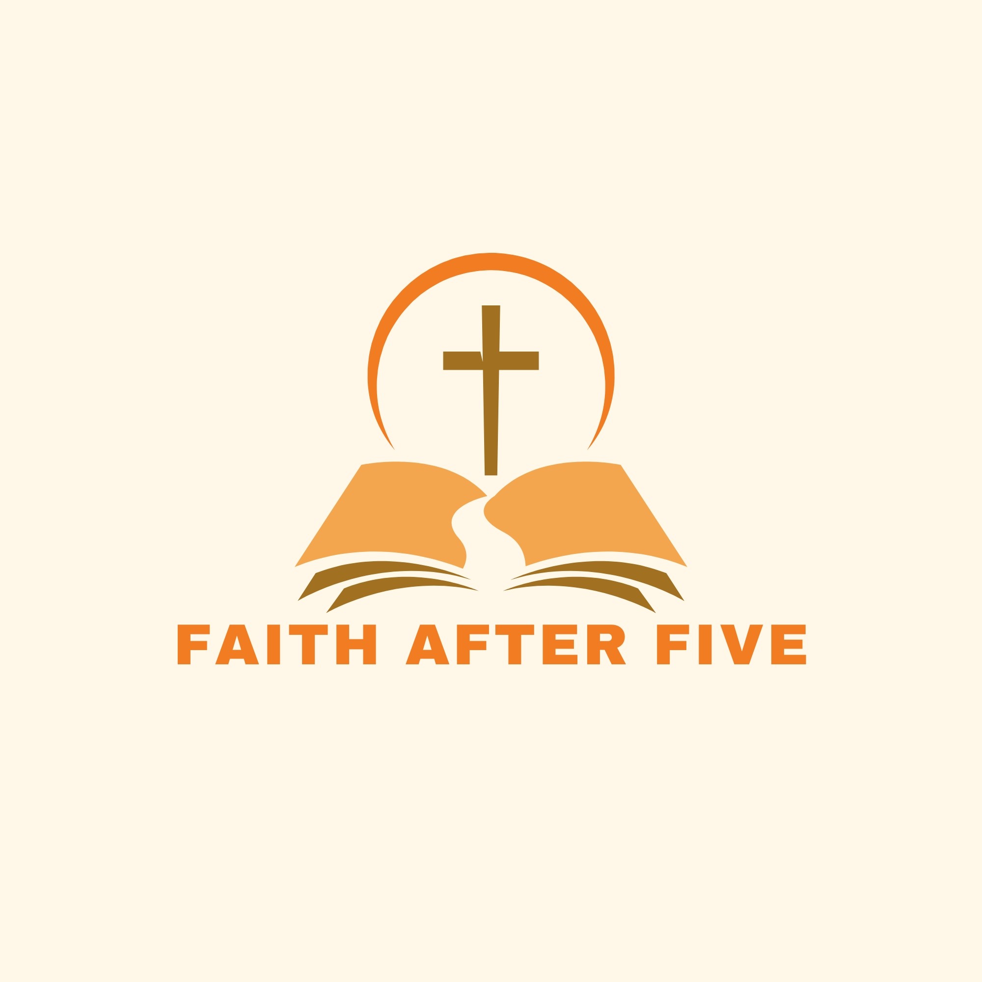 Faith After Five logo. In the centre of the logo, there is a cross on top of an open Bible. In the middle of the Bible, there is a representation of either a pathway or of flowing water.