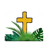 Icon of a mustard yellow cross surrounded by palm leaves