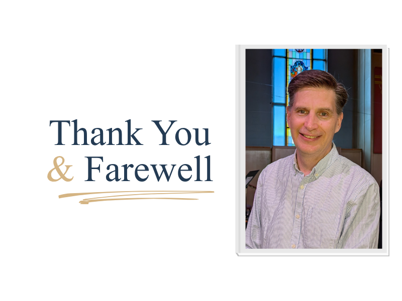 A headshot of Pastor Greg with the words "Thank you & Farewell"