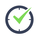 A dark blue stopwatch icon with a bright green checkmark in the middle